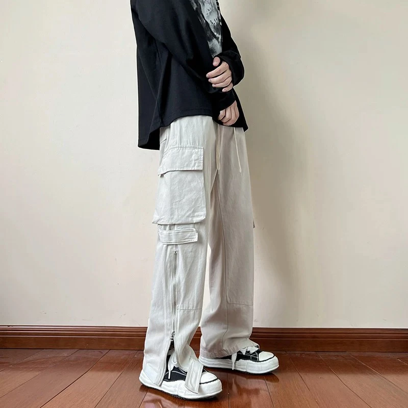 美式高街工装裤情侣春秋季侧拉链潮牌宽松阔腿裤子青少年休闲长裤