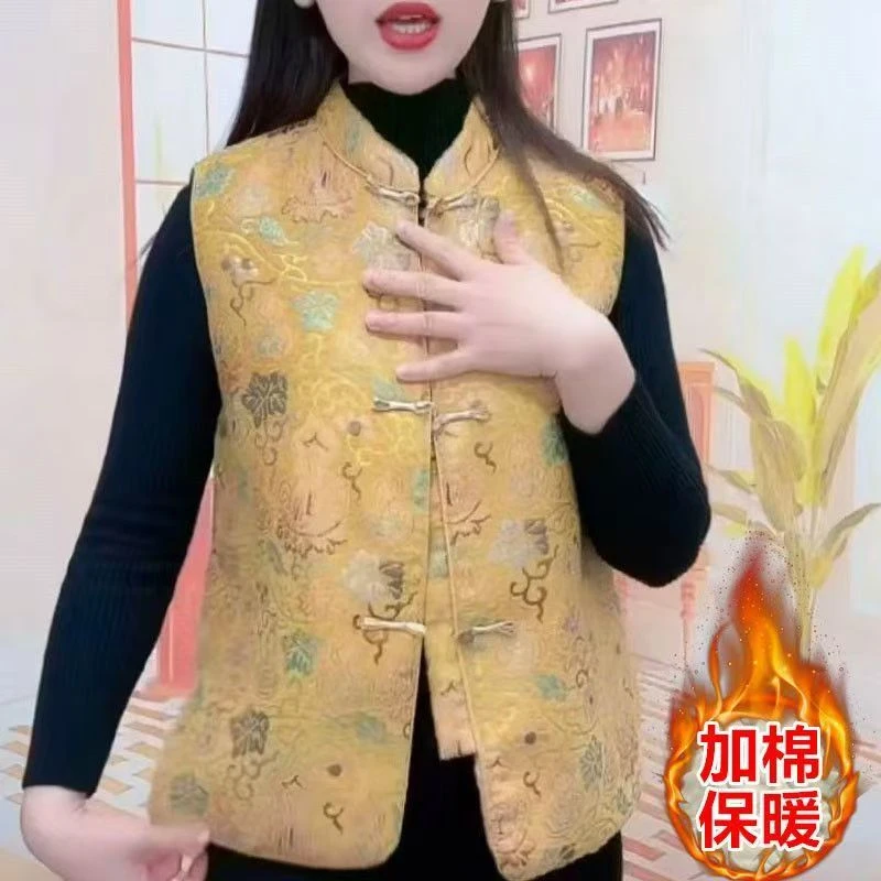 福禄款秋冬高档加棉国风立领印花烫金马夹
