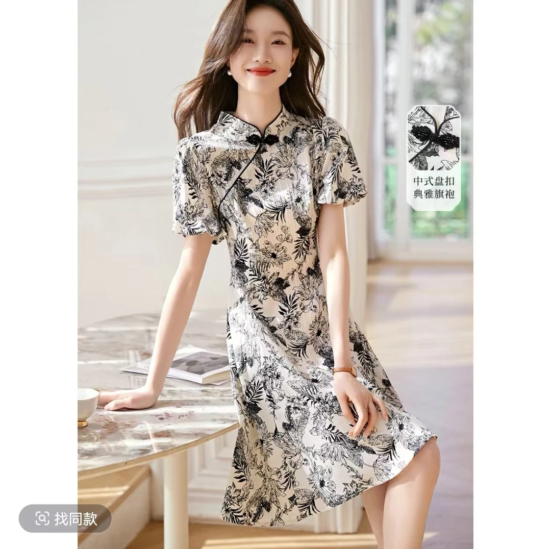 6008盘扣印花旗袍