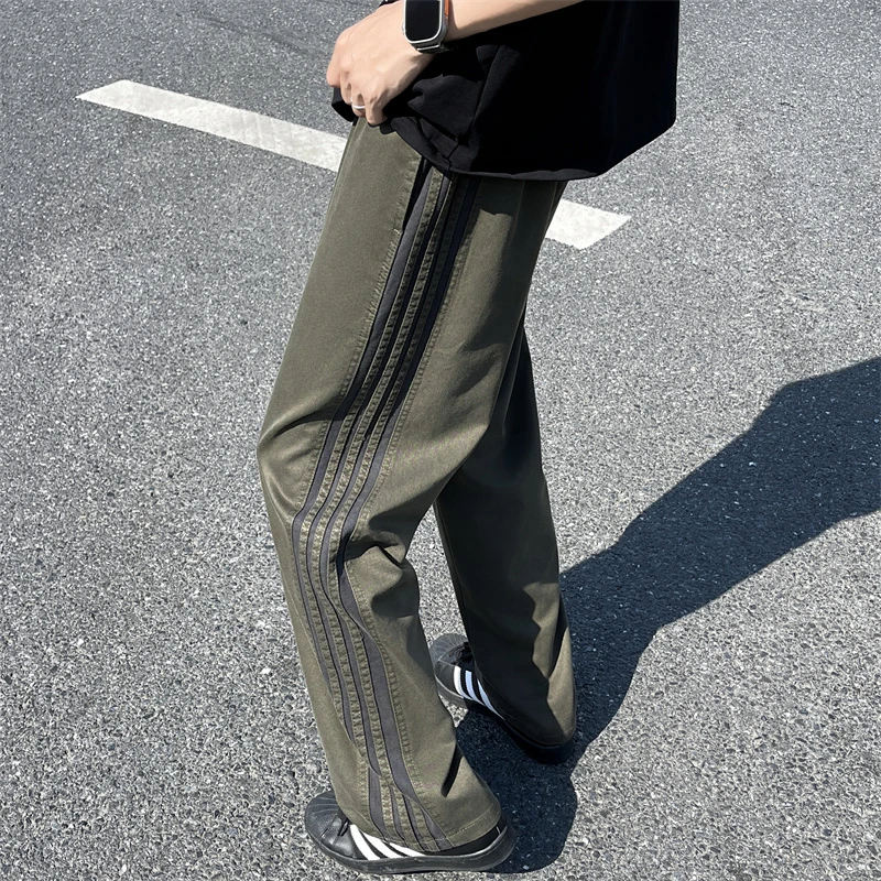条纹裤子男宽松直筒裤工装伐木休闲户外阔腿运动t恤长裤休闲裤