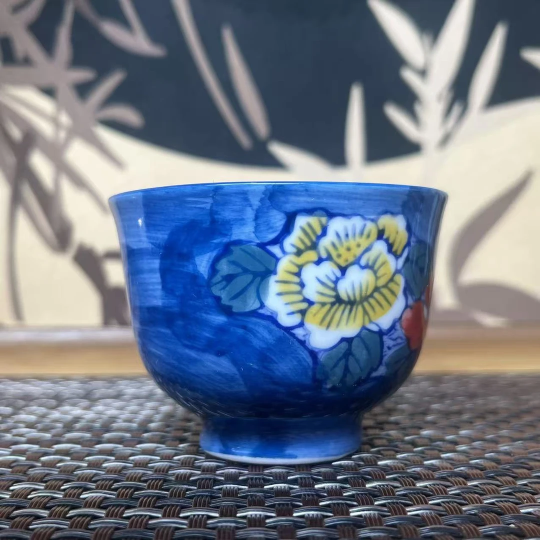 景德镇蓝色红花杯茶杯主人杯个人专用单杯陶瓷喝茶盏杯礼物