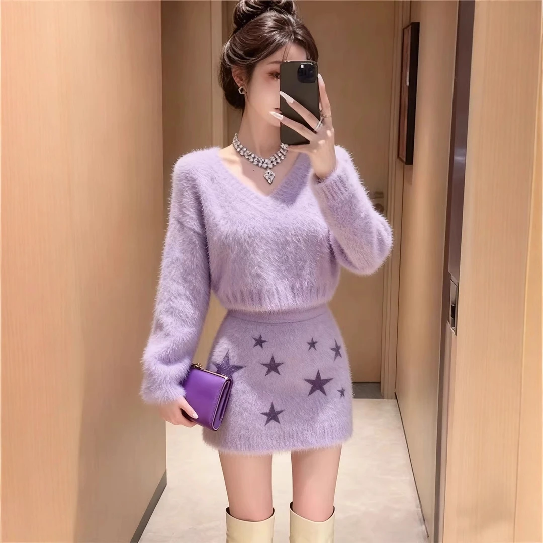 2025新款高级感V领针织套装女秋冬慵懒气质短款毛衣包臀裙两件套