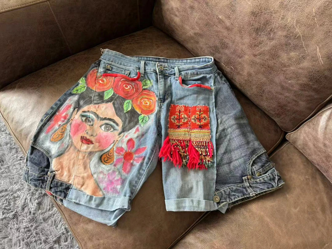 T208 印花长裤高腰直筒夏季复古宽松破洞重工休闲民族风绣花裤子