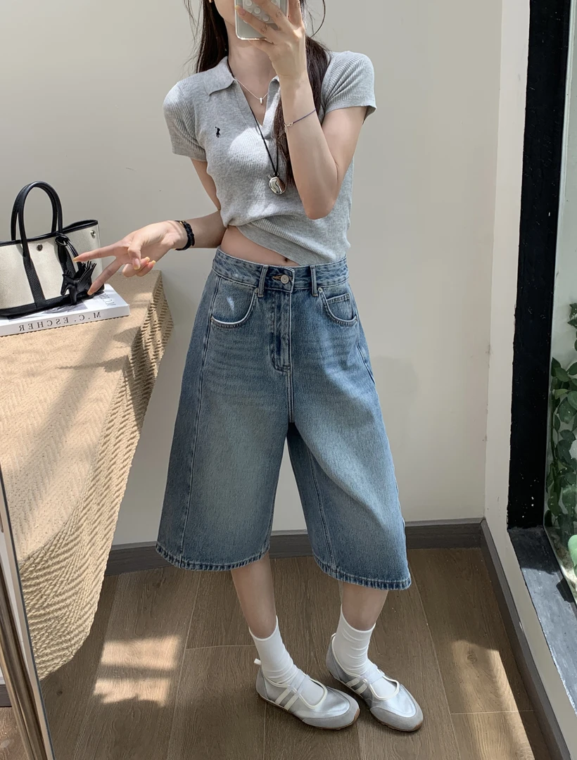 卡布71960牛仔短裤女2025夏金靖同款中裤Kabodo高腰A字五分灯笼裤