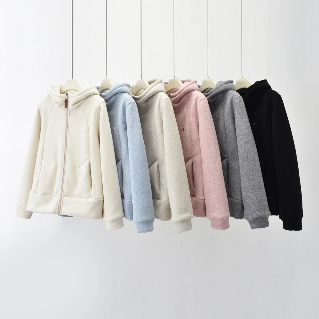 冬季新款韩版休闲加绒运动女宽松百搭简约加厚连帽外套-FC903