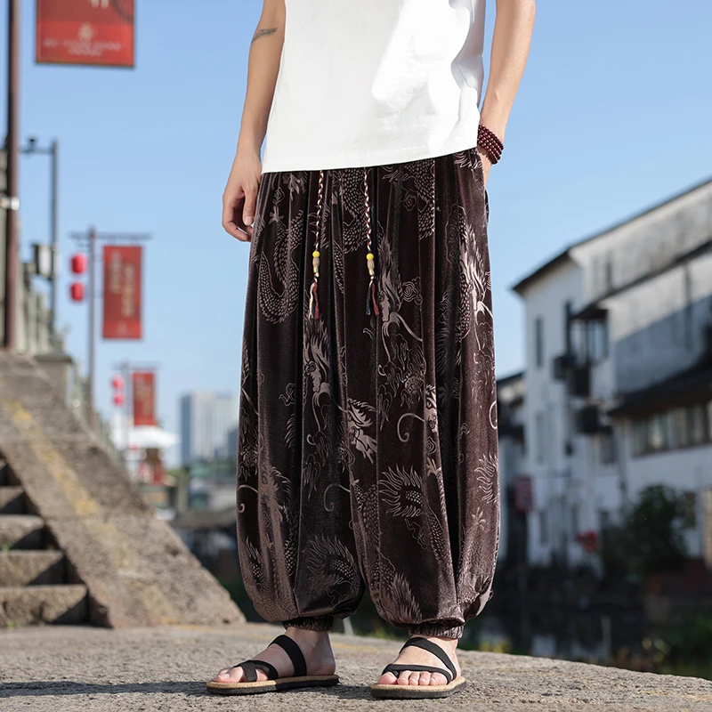 中国风男裤子秋冬季棕咖色金丝绒灯笼运动裤宽松慵懒风垂感阔腿裤