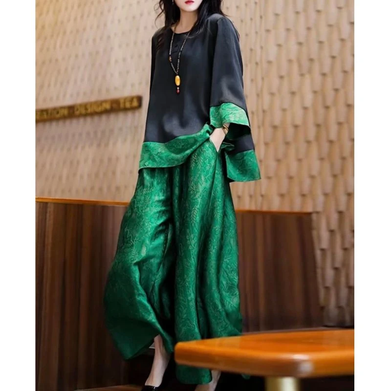 哥弟阿玛施正品国风设计感不挑年纪高档阔版缎面大衫裤子两件套大