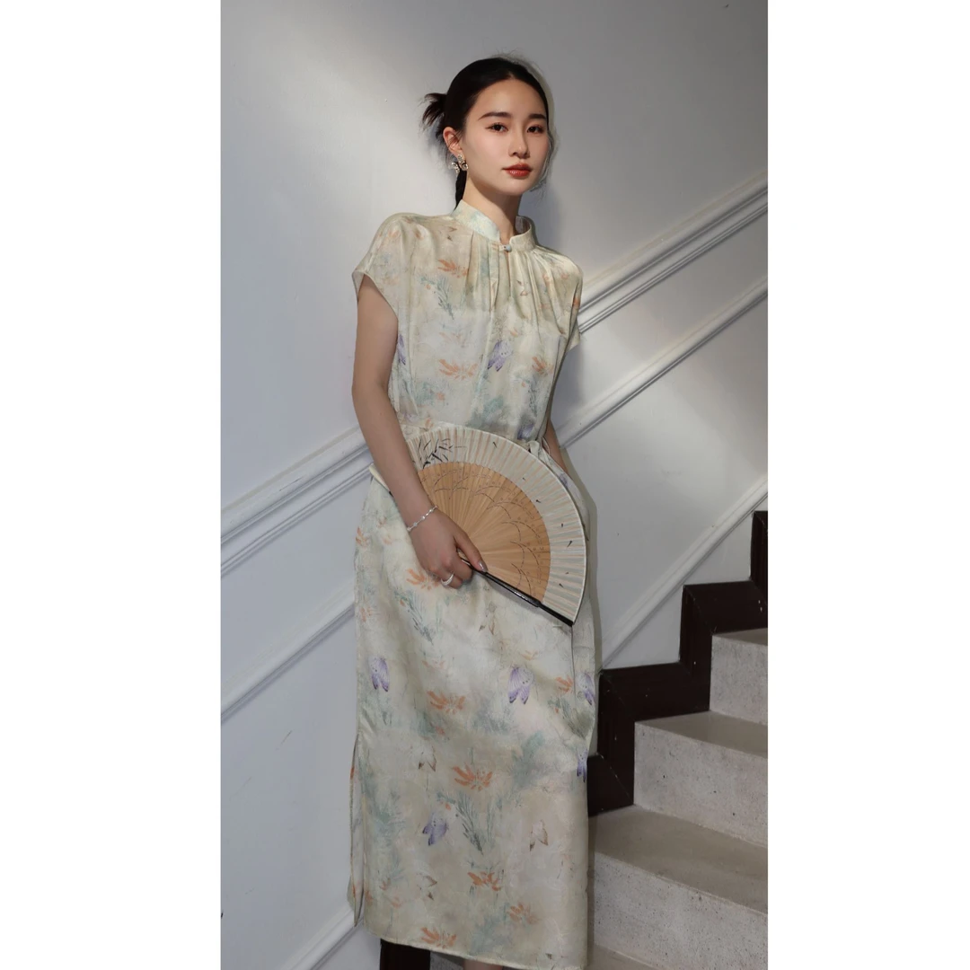 HELA AOMI “花间蝶”桑蚕丝国风高级感刺绣印花连衣裙CY5BC01825