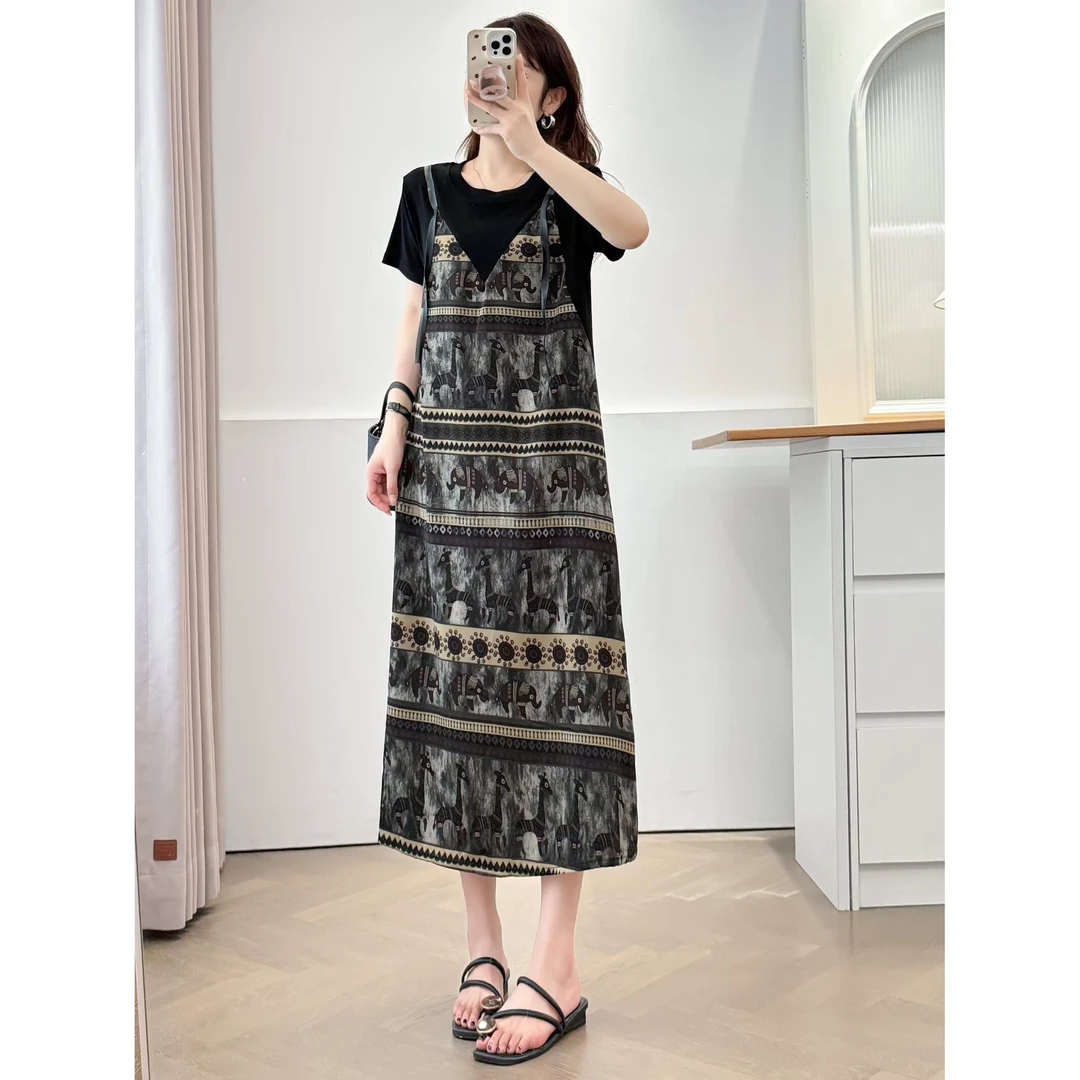 大码女装 胸108-132假两件连衣裙523#