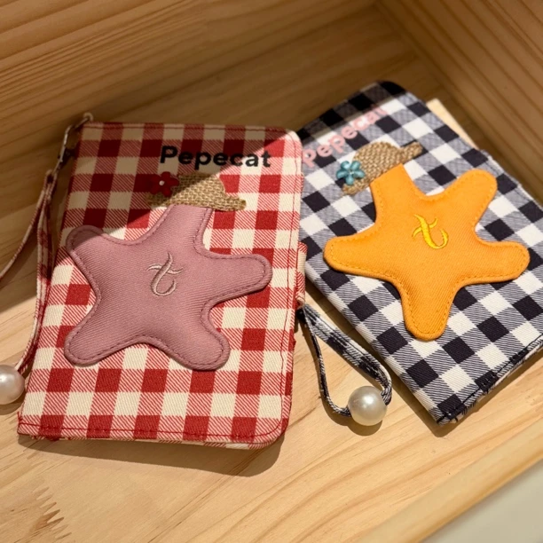 创意海滩海星格纹珍珠手提链条护照夹