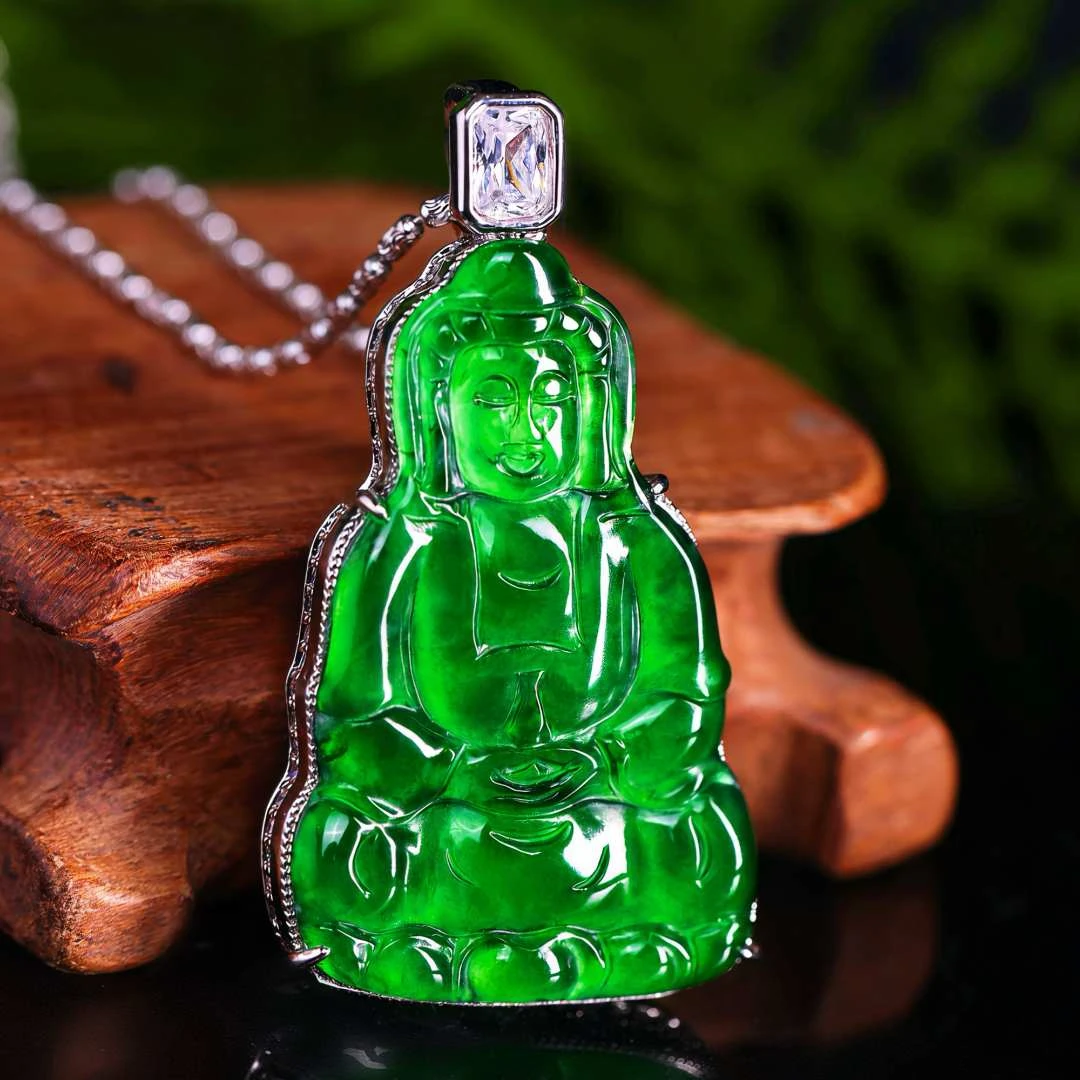 高定设计新款天然A货翡翠高冰满绿观音吊坠简约百搭款JJCC0725001