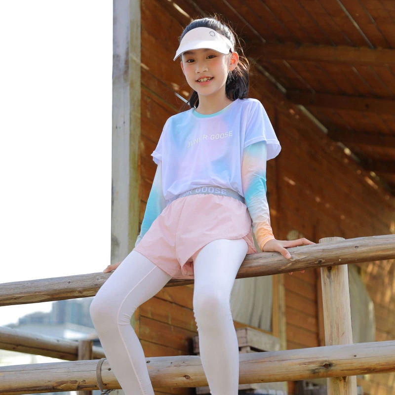 鹅小宝 2025夏季新款女童运动裤速干假两件弹力修身针织紧身裤子