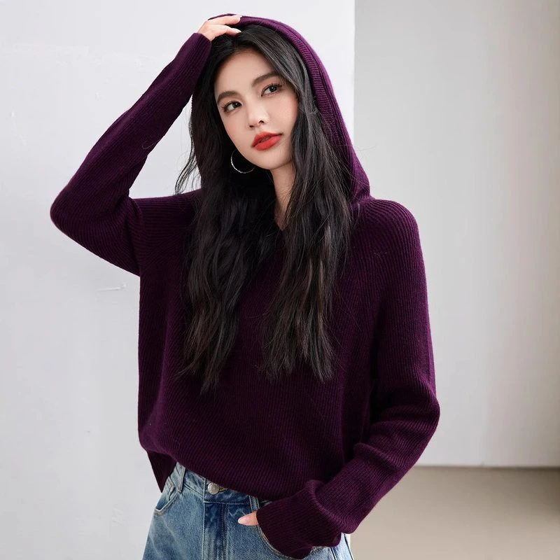 深紫色连帽针织衫秋季新款韩系慵懒松弛感宽松显瘦长袖气质上衣