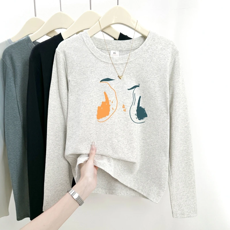 创意印花秋冬2025新款正肩长袖T恤女小清新设计感百搭圆领上衣潮