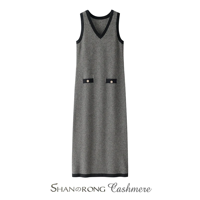 小香风无袖背心连衣裙女100%纯山羊绒撞色虚提加密加厚针织中长裙