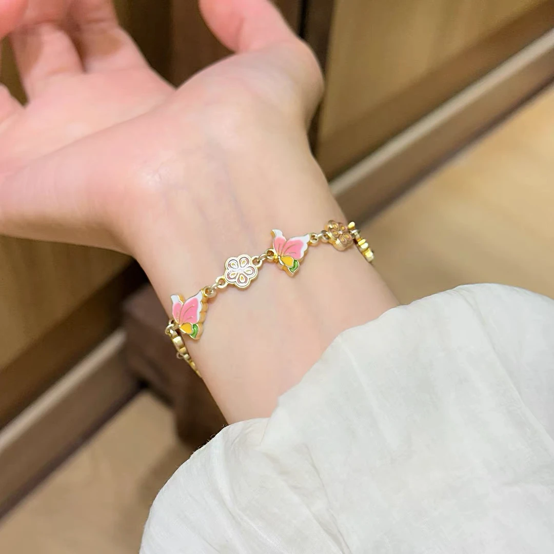 足银珐琅手链 桃之夭夭  银奶奶足银999.9珐琅彩桃花蝴蝶银手链