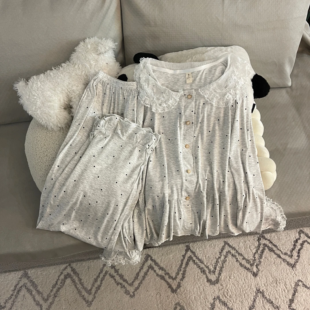 睡衣女春秋季长袖大码2025新款公主风浅灰色时尚舒适家居服套装