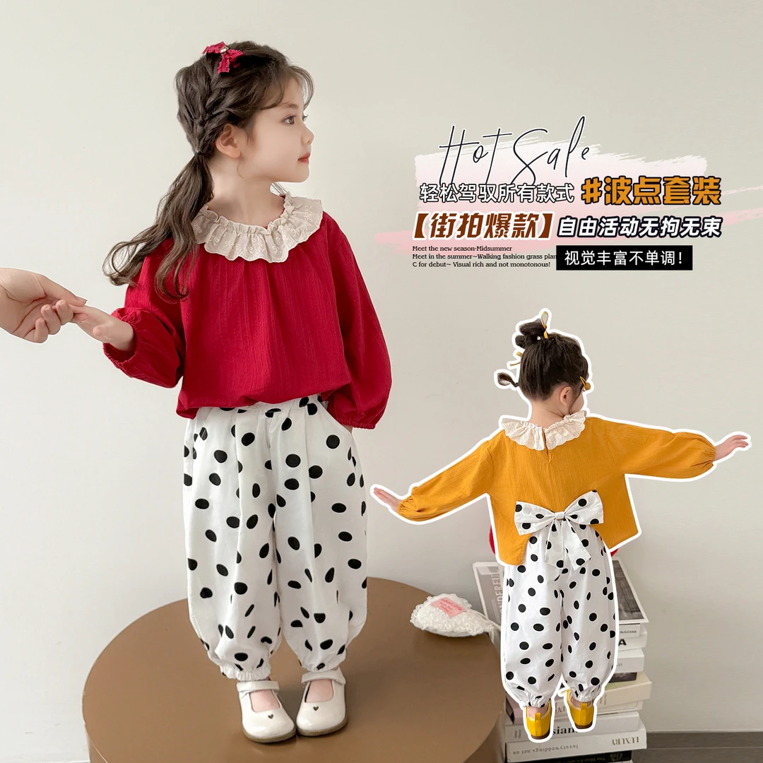 女童套装洋气甜美儿童娃娃衫波点灯笼裤两件套宝宝春秋装2025新款