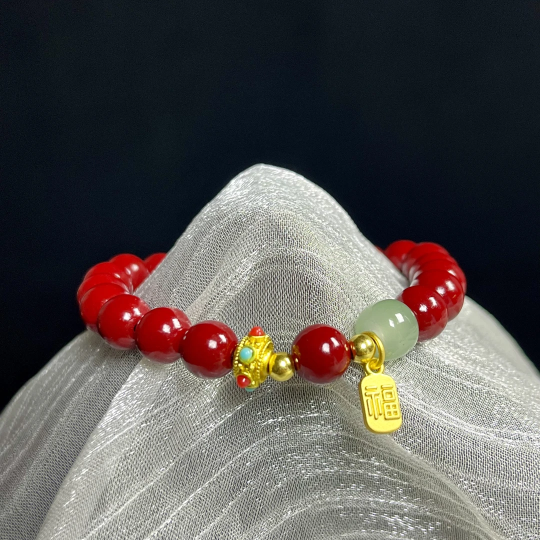 含辰砂工艺品m-aa141 【无礼盒】红珠福牌单圈手串