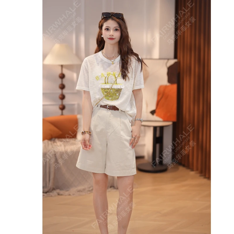 马克华菲女装夏季2025甜美经典圆领T恤百搭休闲立体印花宽松 S