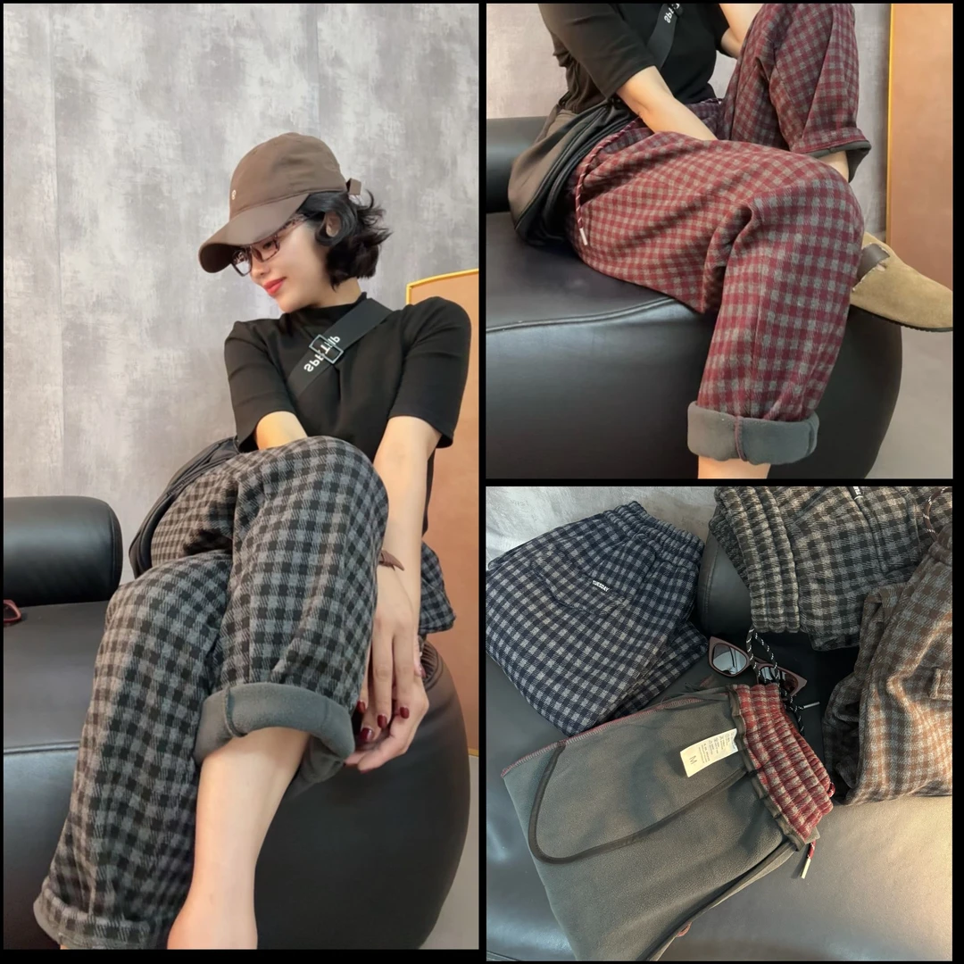 【哈莉】2025秋冬毛呢一体加绒欧韩版复古百搭时尚格子哈伦女休闲裤