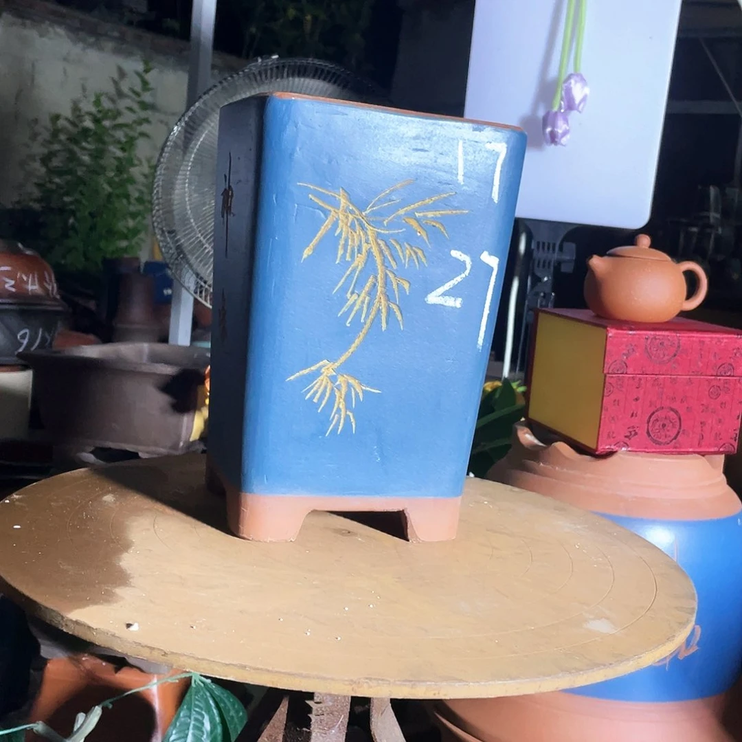 宜兴紫砂花盆17蓝高四方