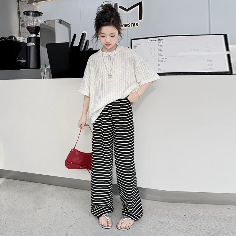 女童夏装条纹直筒裤套装垂感慵懒风2025新款时尚中大童休闲两件套