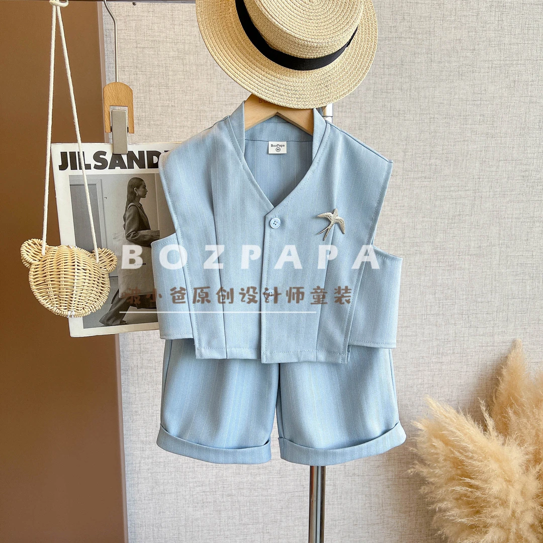现货啵小爸【蓝调绅士】2025夏季男童韩系暗条纹设计无袖西装套装