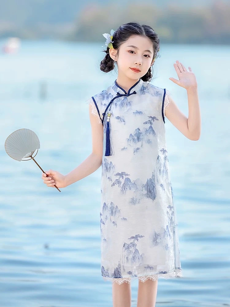 儿童旗袍夏2025新款中国风青花瓷演出服女孩民国风改良女童连衣裙