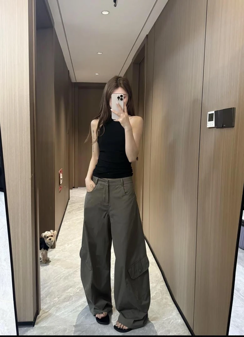 褶皱秋季无弹力工装裤薄款休闲裤阔腿裤痞帅御姐风