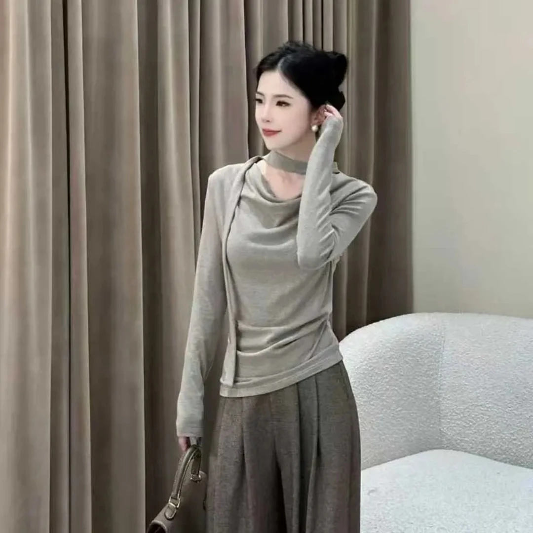 【自在小调】设计感荡领飘带长袖T恤+高腰直筒垂感阔腿裤BB50367