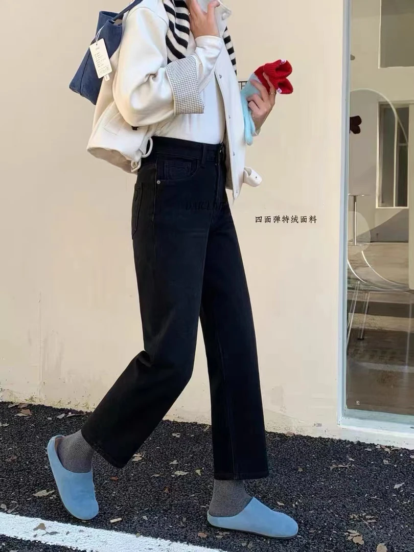 A9859 宝宝冬季新款四面弹特绒黑色九分法棍裤牛仔裤女