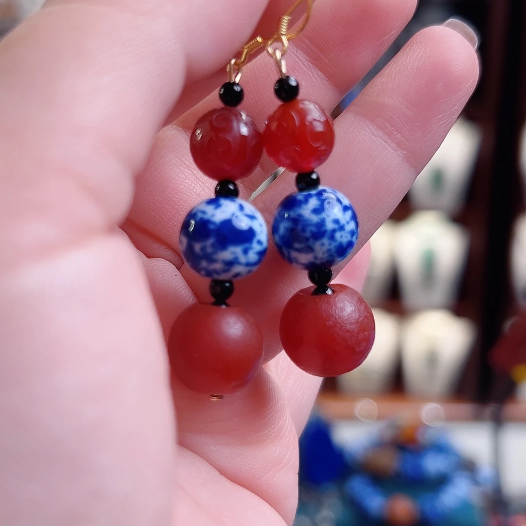 玛瑙银S925镶嵌挂件耳环