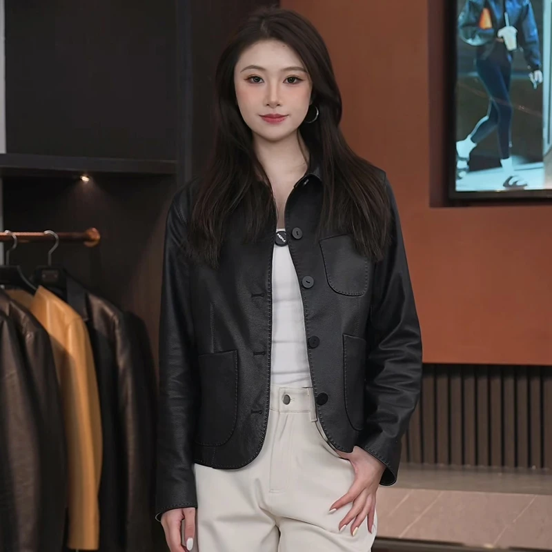 2025春新款百搭方领小牛皮衣女外套头层真皮时尚翻领简约休闲大气