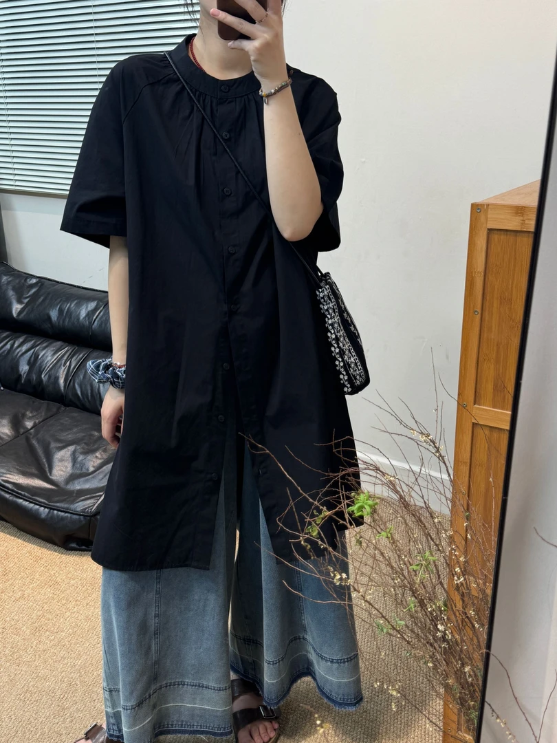 chao级推荐简约日系慵懒风中长款圆领短袖衬衫连衣裙可叠穿裤子！