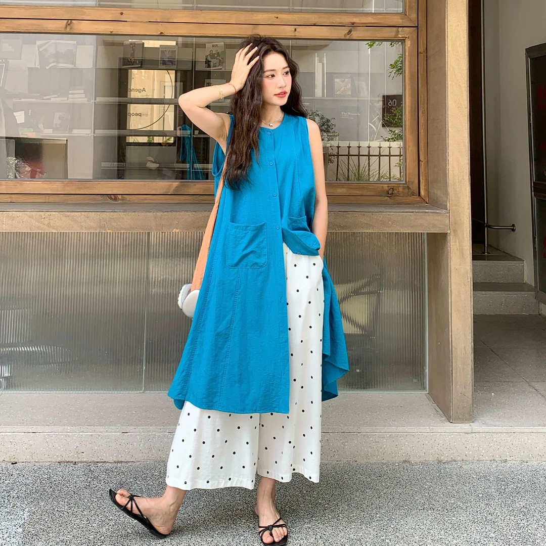 夏日感松弛清新套装女2025新款慵懒风休闲背心裙波点阔腿裤两件套