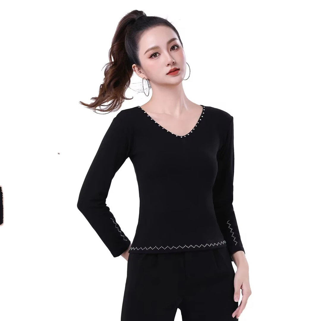新款烫钻螺纹棉百搭上衣V领显瘦女士长袖修身跳舞服