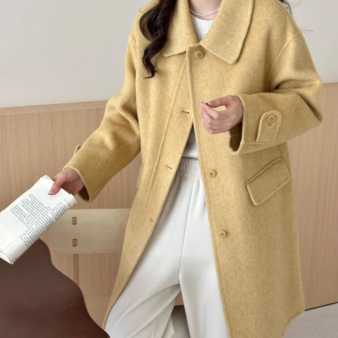 高级感双面羊绒大衣女中长款2025新款秋冬娃娃领大口袋羊毛呢外套