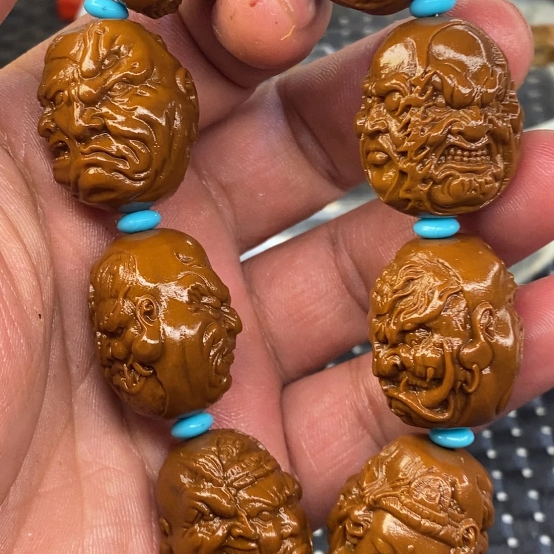 木山鬼四面雕刻手串黄金树沉水核手串