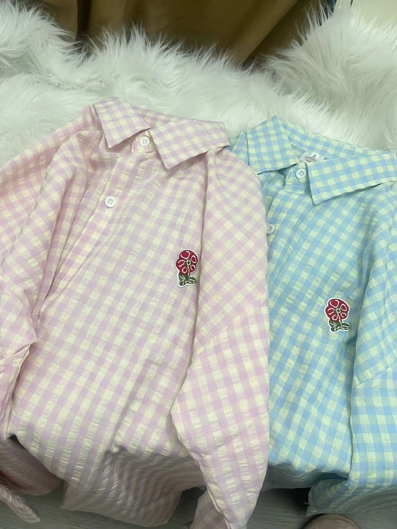 韩系Polo领粉色格子长袖衬衫女早秋季少女感宽松慵懒薄款开衫衬衣