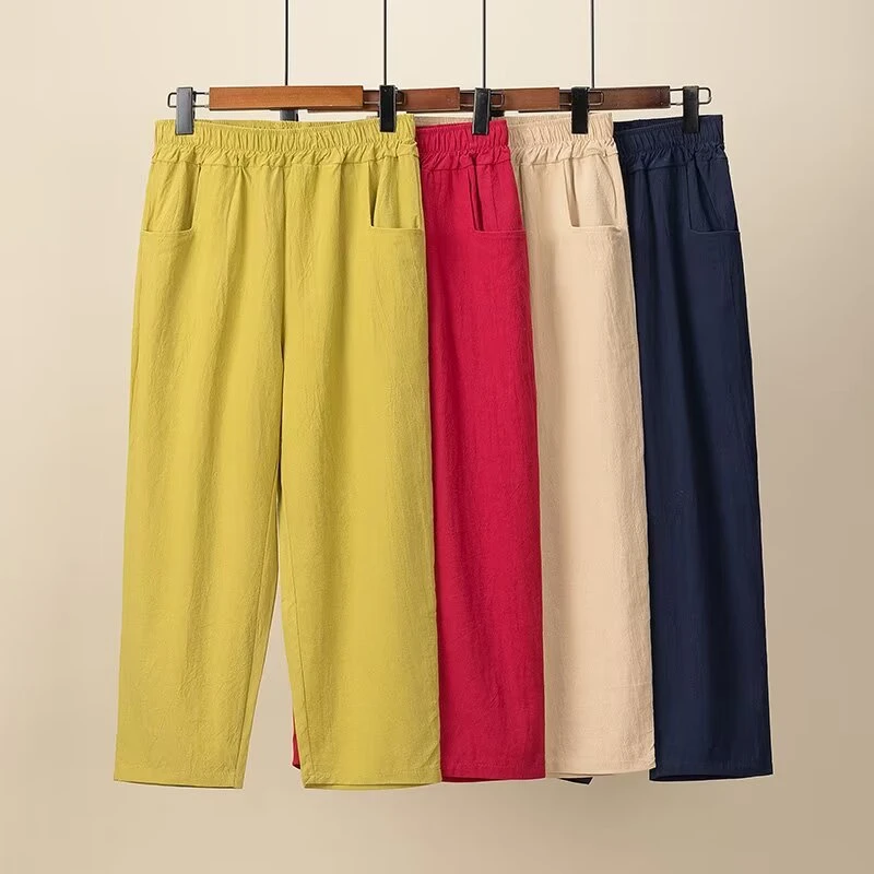 DP2123纯色松紧腰夏季薄款休闲裤大码女装百搭舒服棉麻感八分裤