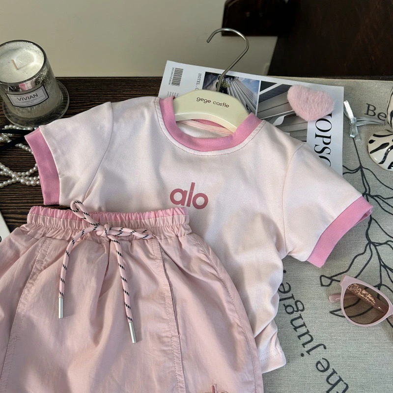 韩版童装2025新款夏季女童拼色字母短袖T恤儿童粉色裙裤两件套潮