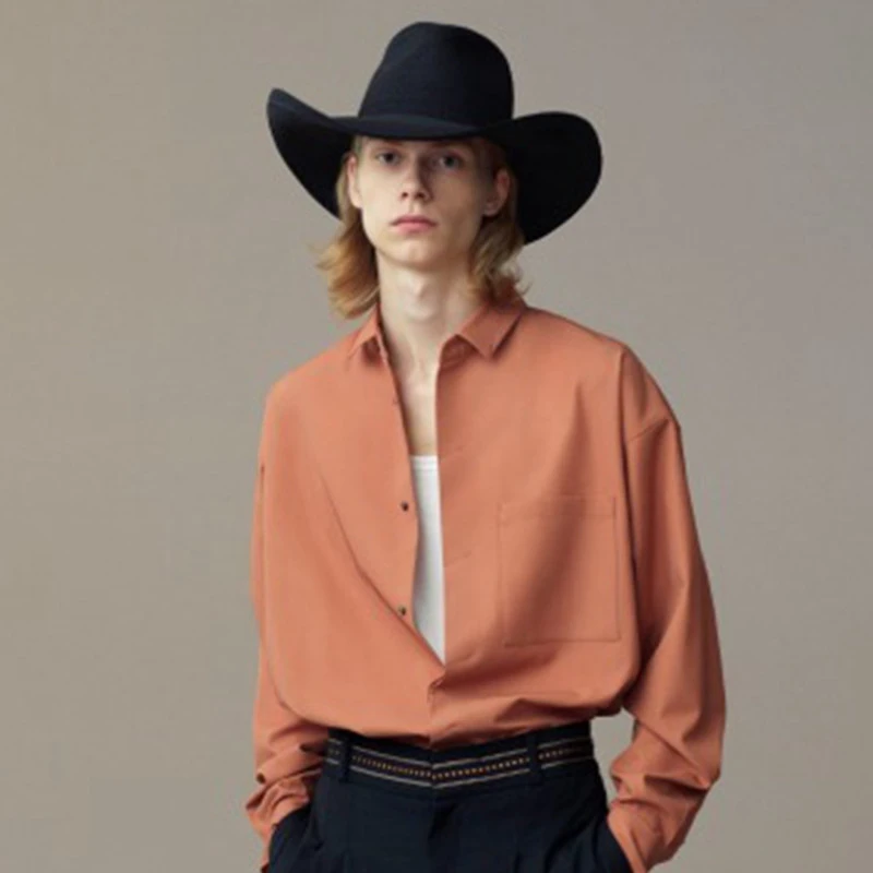 男士2025夏季宽松糖果色大口袋休闲流行长袖衬衫潮男橘色衬衣