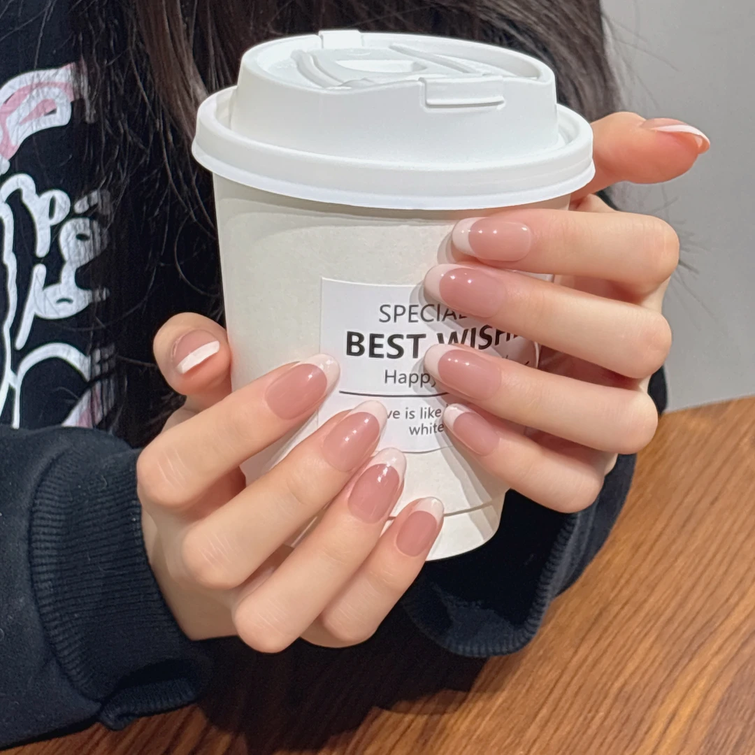 「清纯白茶」新款裸色系皮粉色法式边简约百搭显白修饰手型穿戴甲