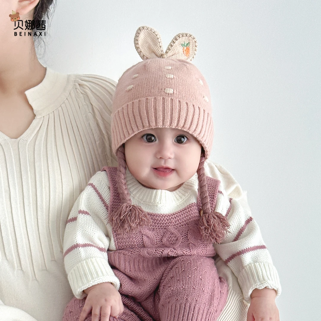 Beinaqian/贝娜茜婴儿帽子秋冬宝宝女洋气针织帽婴幼儿冬季毛线帽