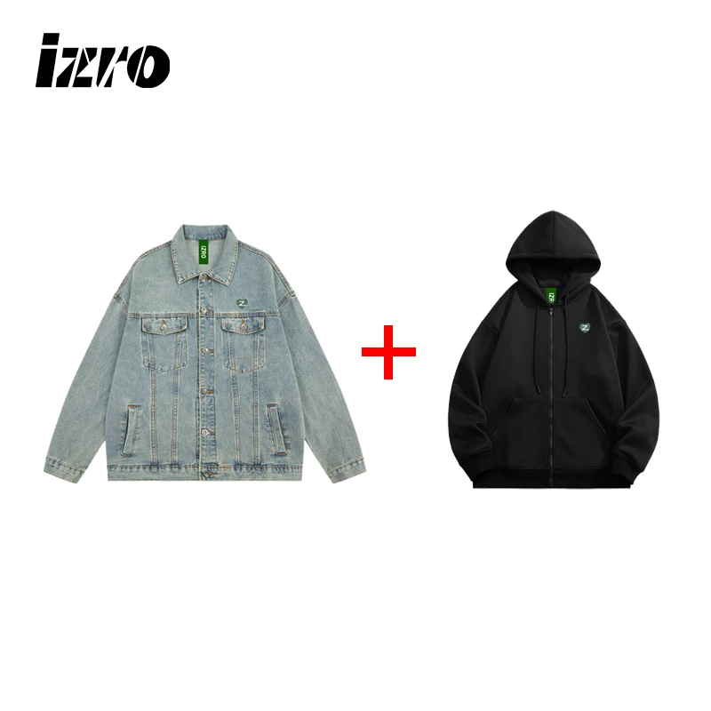 IZRO男女同款 春季新款牛仔外套+连帽开衫卫衣时尚百搭宽松两件套