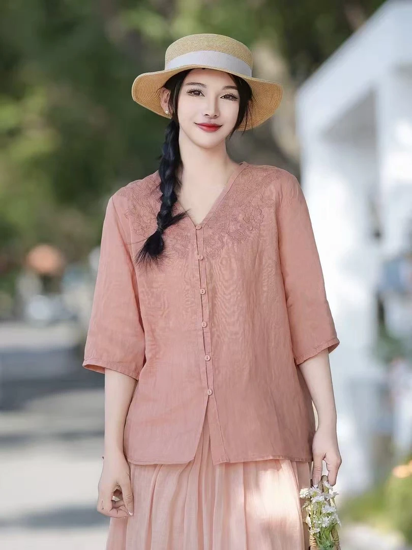 按编号拍【201-300】夏季苎麻上衣复古文艺刺绣百搭小衫