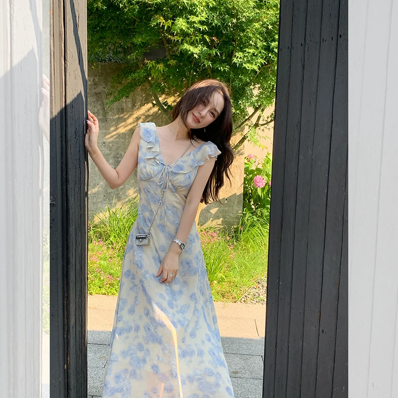 碎花温柔风v领短袖/无袖海边渡假连衣裙女长款 QL242019/QL242067