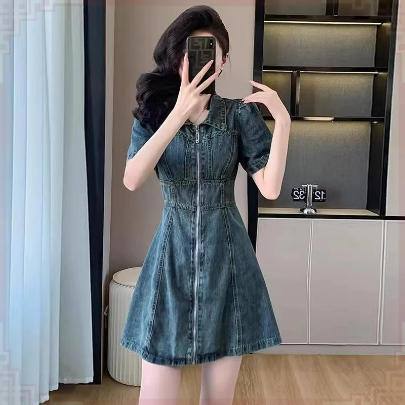 2025夏季新款气质收腰短袖蓝色牛仔连衣裙女小个子polo领a字短裙