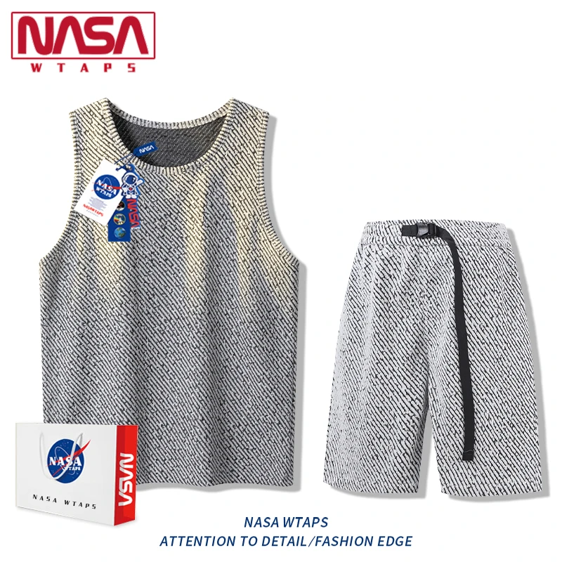 NASA WTAPS潮牌条纹无袖坎肩背心套装男士夏季冰丝运动休闲两件套